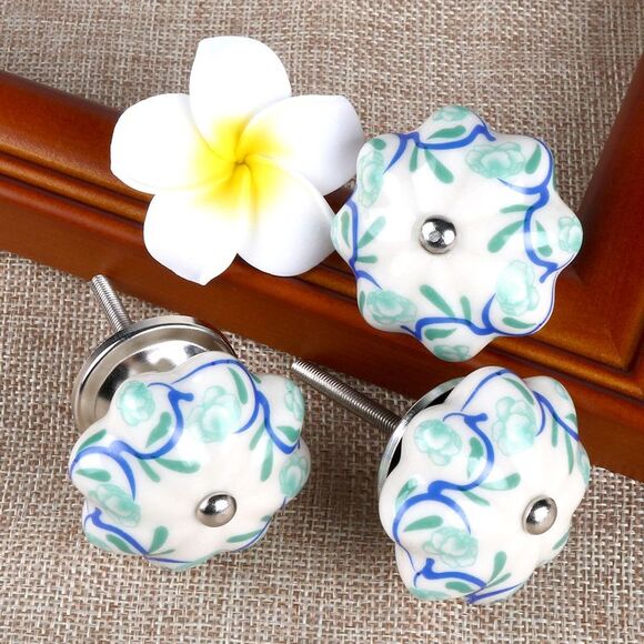 6pcs Vintage Knobs Floral Ceramic Pumpkin Drawer Handles Pulls Knob, Vines - Picture 5 of 6
